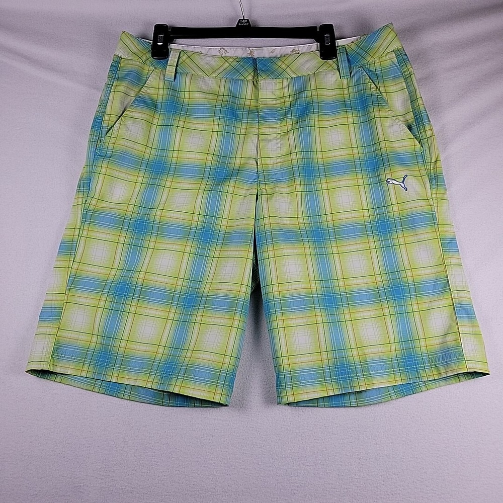 Puma Performance Golf Shorts Blue Yellow Plaid 36x11‎ Lightweight Quick Dry